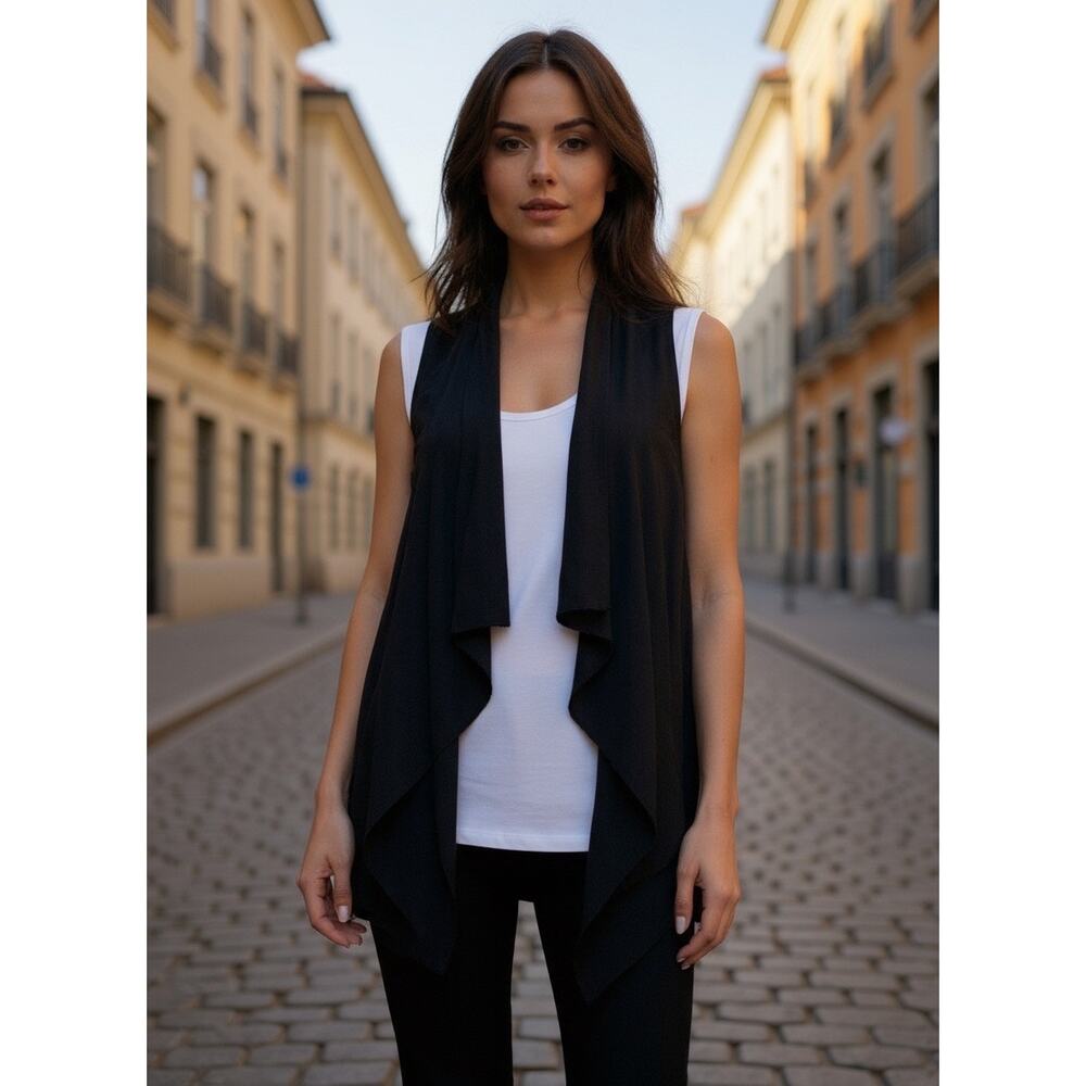 1.STATE Gallery Hop Open Front Vest Women XS Black Sleeveless Cardigan NWT